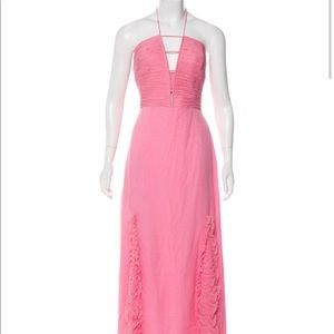Badgley Mischka Long Maxi Bubblegum Pink Ruffled Halter Dress .
